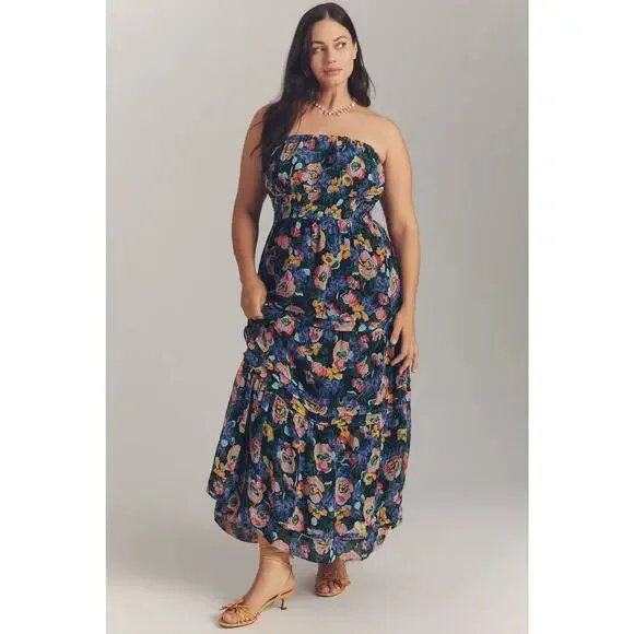 New Anthropologie The Somerset Strapless Maxi Dress $178 X-Large Blue Floral - Picture 5 of 8